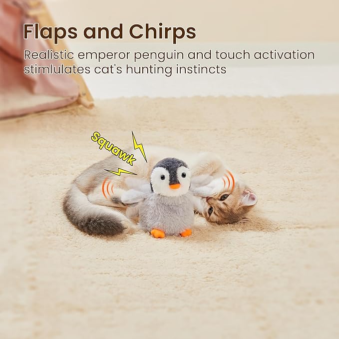 Potaroma Flapping Cat Toys Emperor Penguin, Rechargeable, Lifelike Bird Chirp, Catnip Kicker Toys, Touch Activated Kitten Toy, Interactive Cat Exercise Toys, 4.0 Inches-Mewly Pet