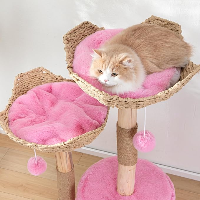 Modern Cat Tree for Indoor Cats, Large Adult 46" Tall, Wooden Cat Tower with Scratching Post, Luxury Cat Condo, Pink-Mewly Pet