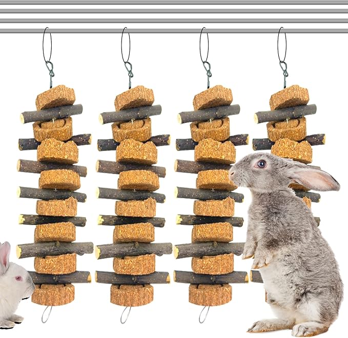 PINVNBY Rabbit Chew Toys for Teeth Hanging,Natural Apple Bunny Chew Sticks Small Animals Molar Wood for Rabbits Chinchillas Guinea Pigs Hamsters Small Pet Chewing Improve Dental Health(4 Pcs)-Mewly Pet