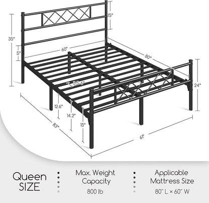 Yaheetech Queen Size Metal Platform Bed Frame with Simple Headboard and Footboard, Mattress Foundation for Under Bed Storage, Steel Slat Support, No Box Spring Needed, Easy Assembly, Black