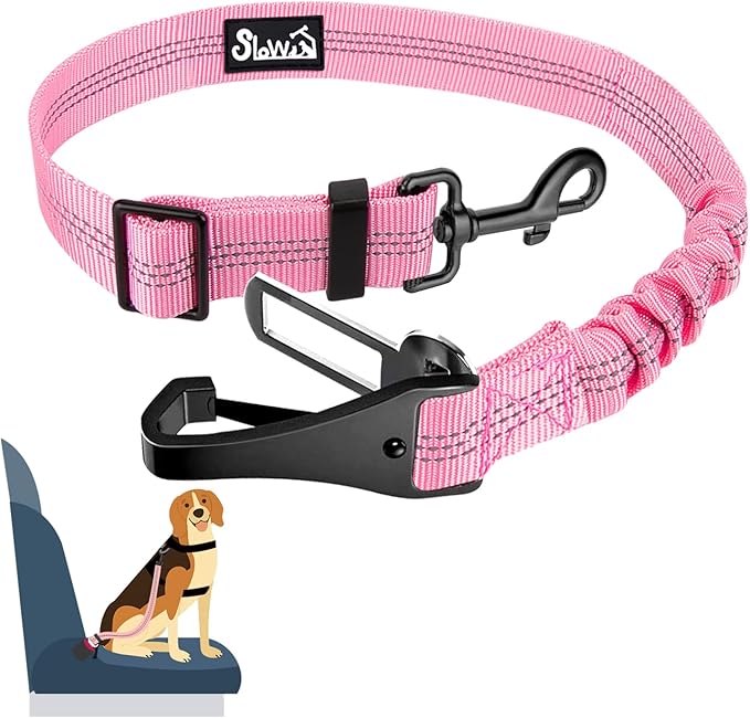 SlowTon Dog Seat Belt, Adjustable Dog Safety Belt Leash, 2 in 1 Latch Bar Attachment Dog Car Seatbelt with Elastic Nylon Bungee Buffer, Reflective Nylon Belt Tether(Pink,35.5in)-Mewly Pet