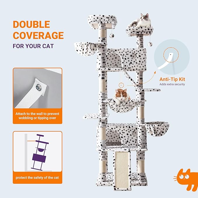 Allewie 81 Inches Tall Cat Tree/Multi-Level Large Climbing Tree House and Towers for Big Feline/Condo and Hammock/Scratching Post/Wide Base/White & Black Spot-Mewly Pet