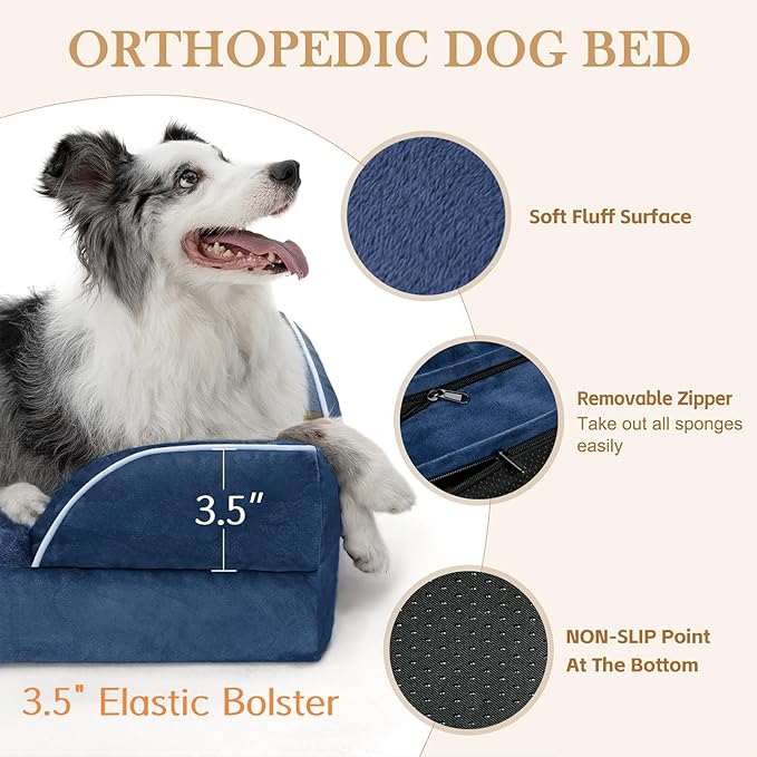 Comfort Expression Small Dog Beds Waterproof Orthopedic Foam Dog Sofa Beds for Medium Dogs Comfy Pet Bed with Washable Removable Cover & Non-Slip Bottom(Small,Navy Blue)-Mewly Pet