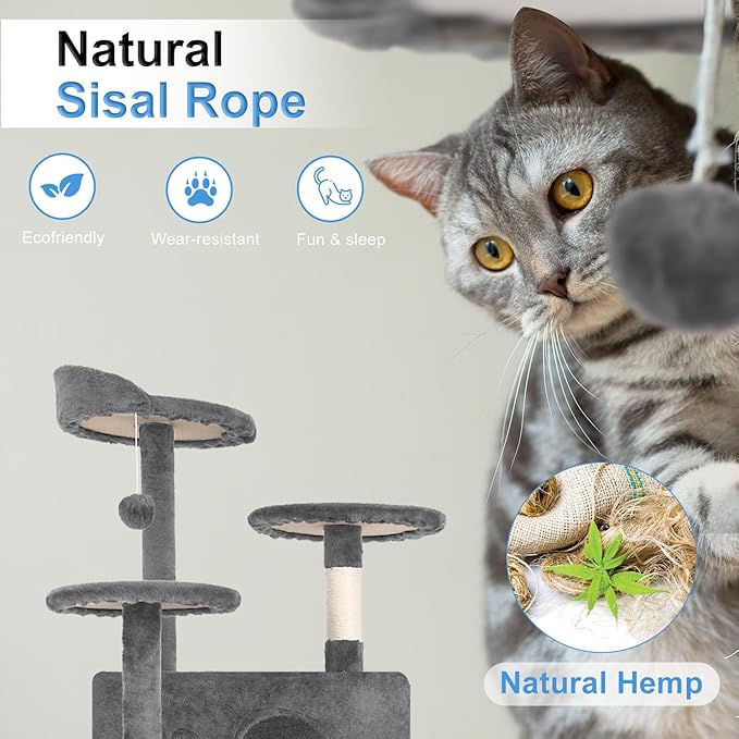 FDW Cat Tree 54in Cat Tower Multi-Level Durable Cat Scratching Post & Cozy Fun Cat Jumping Platform Space Saving Cat Condo Pet Play House for Indoor Cats,Light Gray-Mewly Pet