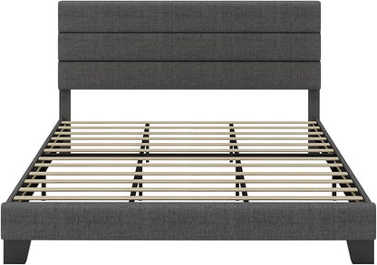 SHA CERLIN King Platform Bed Frame with Upholstered Fabric Headboard, Mattress Foundation with Strong Wooden Slats Support, No Box Spring Needed, Grey