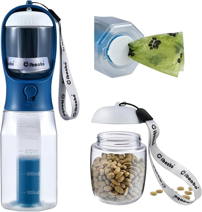 Dog Water Bottle with Food Container & Poop Bag Holder, Travel Water Bowl, Portable Pet Dispenser, Dog Stuff Accessories Items, Puppy Essentials Necessities for Walking Hiking Dog Gift-Mewly Pet
