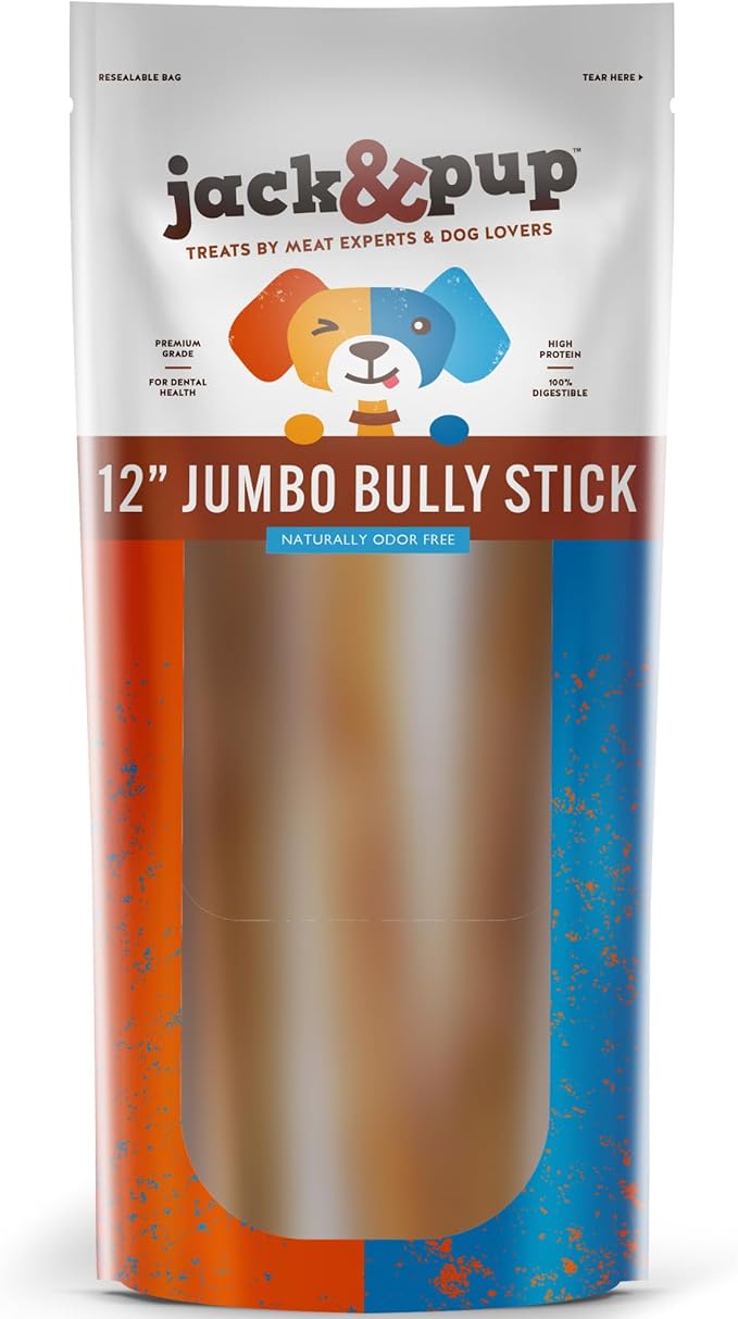 Jack&Pup 12 Inch Bully Sticks for Large Dogs (5 Pack) Jumbo Dog Chews for Aggressive Chewers | All Natural, Odor Free Bully Sticks for Dogs-Mewly Pet