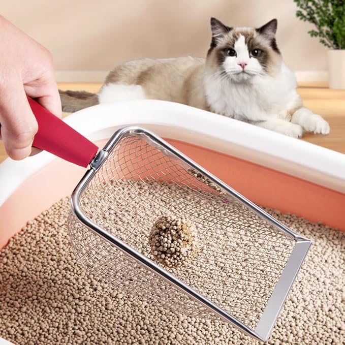 Cat Litter Scoop,Sturdy Litter Cleaner Corner Shovel,Stainless Steel Mesh Litter Shovel,Easy to Clean Reptile Terrarium Sand Waste,Beach Shovel(Red)-Mewly Pet