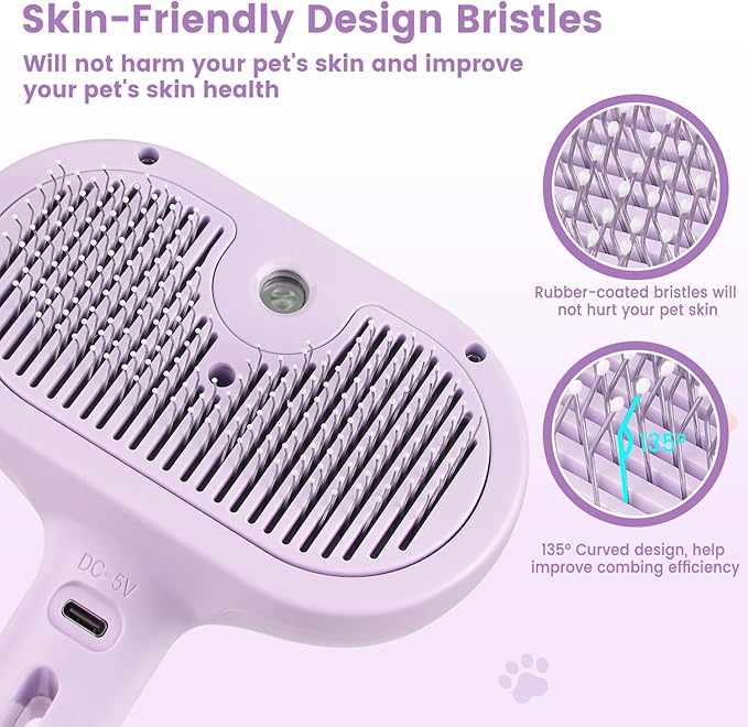 3 in 1 Cat Steam Brush, Pet Spray Hair Removal Comb for Shedding & Grooming, Water Brush for Cats Dogs Small Animals Long Short Haired with One-Click Release Button(Purple)-Mewly Pet