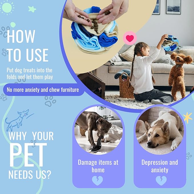 Pet Snuffle Ball, Puzzle Sniffing Interactive Dog Ball for Blind Dogs Training Stress Relief Dog Enrichment Toys Treat Machine Washable (15cm, Serenity Blue)-Mewly Pet