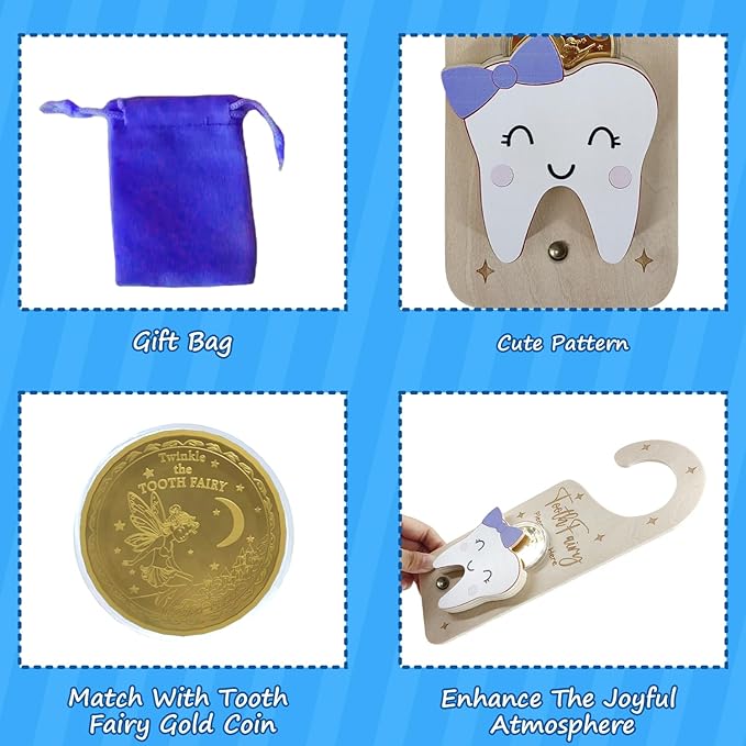 Tooth Fairy Door Hanger, Wooden Tooth Fairy Money Holder with Tooth Coins for Lost Tooth Kids Gifts (Purple)