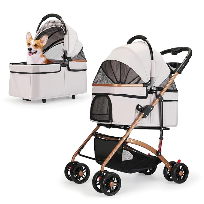3-in-1 Foldable Pet Stroller for Medium Dogs & Cats (50lbs) - Detachable Carrier, Car Seat, Storage Basket, 5" Lockable Wheels-Mewly Pet