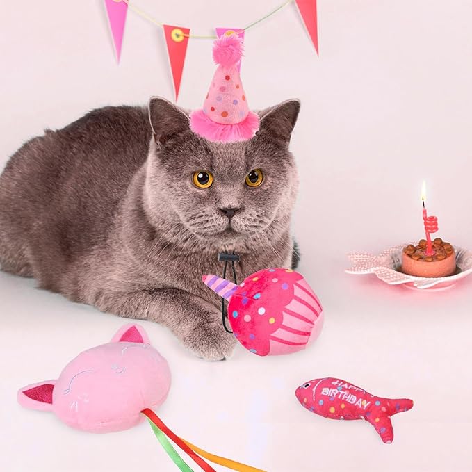 BINGPET Catnip Toys for Indoor Cats, Cat Birthday Hat and Interactive Plush Kitten Chew Toys - Cute Cake, Fish, Balloon Toys with Crinkle Paper and Catnip Inside Pink-Mewly Pet