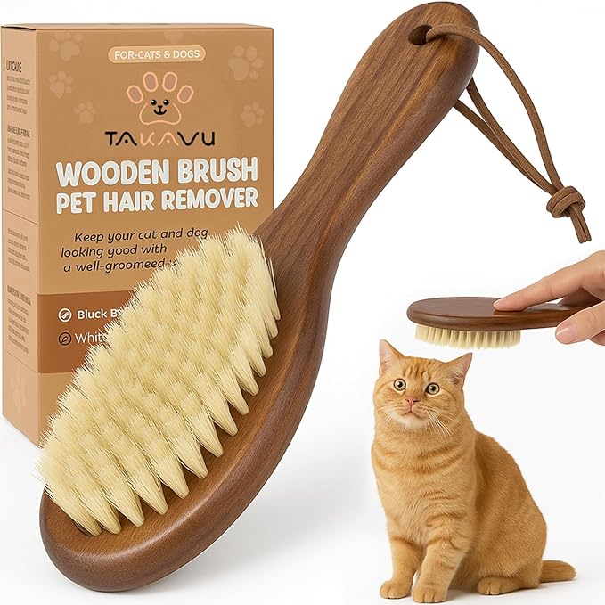 Takavu Natural White Boar Bristle Cat Brush - Gentle Grooming Tool for Sensitive Skin, Smoothing Fur & Healthy Shine - Soft Pet Brush-Mewly Pet