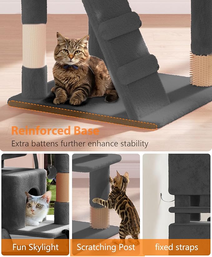 60" Cat Tree Tower for Indoor Cats Large Adult,Cute/Tall Modern Cat Tree for Big Cats 20 lbs, Plush Multi-Level Cat Condo with Scratching Posts,Dangling Ball (Smoky Gray, 60 inch)-Mewly Pet