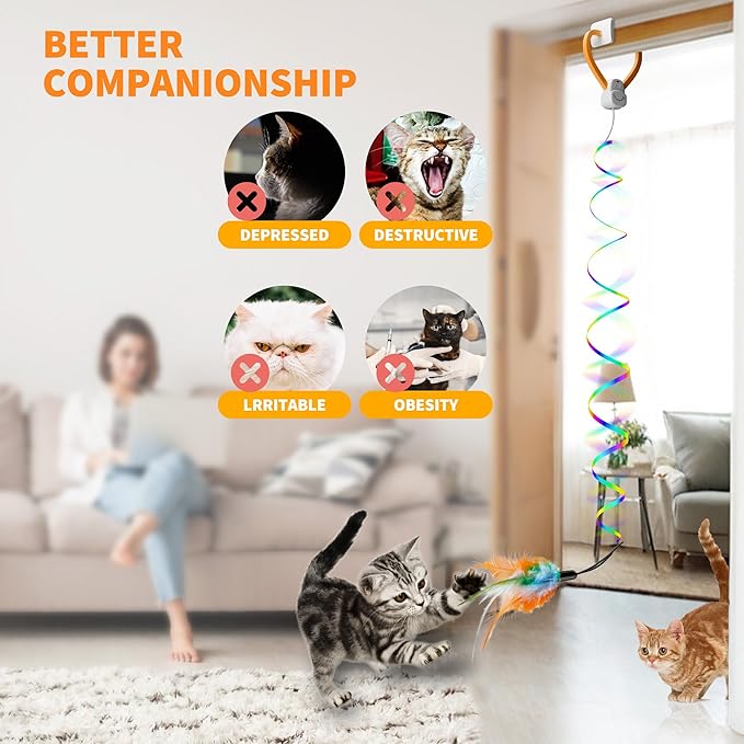Interactive Cat Toy,Automatic Cat Toy for Indoor Cats,Hanging Door Clip Ribbon 360° Rotation,Feather & Rainbow Cat Stimulating Ribbons Cat Toys for Bored Adult/Kitten Exercise-Mewly Pet