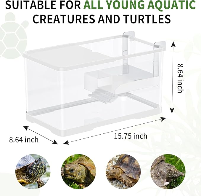 (Tank + Light + Filter + Filter Balls) Turtle Tank Kit, Turtle Tank Starter Kit,Bottom Drainage, Multi-Function Areas for Turtles, Crabs,Fishes, Amphibians,Reptiles. (15.75 x 8.64 x 8.64 Inch)-Mewly Pet