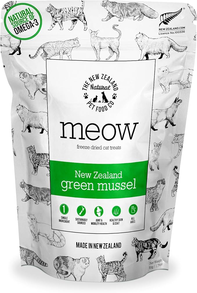 Meow Freeze Dried Cat Treats - New Zealand Green Mussel, High Protein, Healthy Cat Snacks and Toppers, All Natural for All Life Stages, 1.76 oz-Mewly Pet