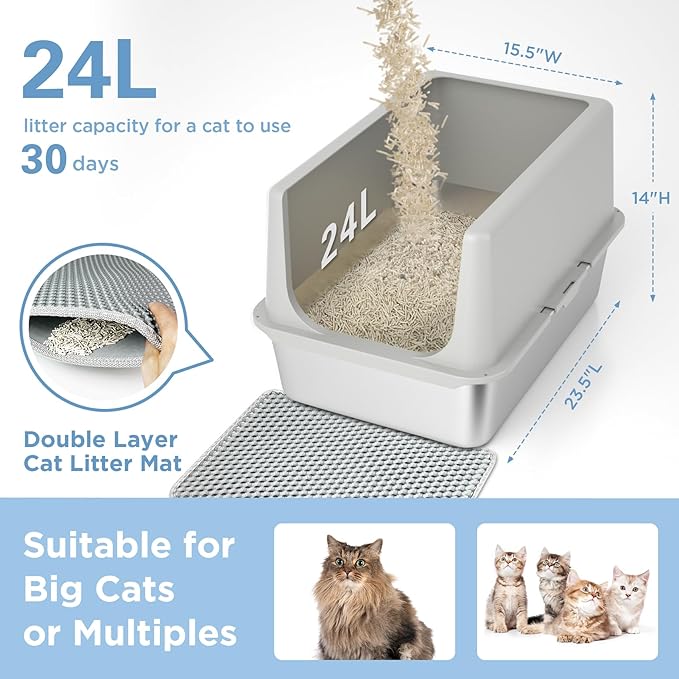 LIHONG Stainless Steel Cat Litter Box, XL Metal with Lid, Cat Litter Pan for Large Cats, Non-Sticky Large Kitty Litter Box, Anti-Leakage, 23.5" X 15.5" X 14" XXL-Mewly Pet