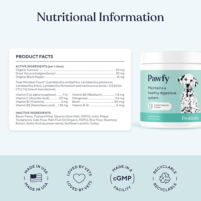 Pawfy Probiotics for Dogs | Supports Digestive Health, Diarrhea for Small and Large Dogs | Improves Gut Health | Anti Yeast Supplements | Promotes Skin Health and Seasonal Allergies Support - 30 Chews-Mewly Pet