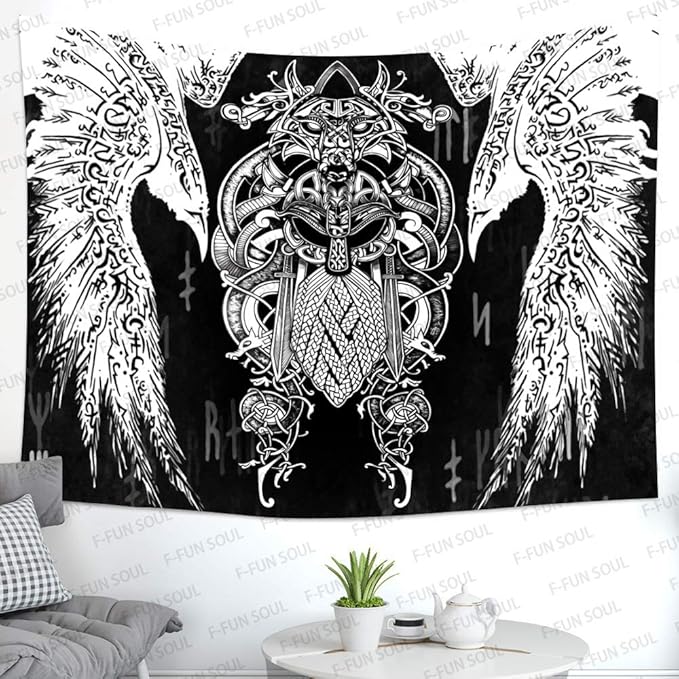 F-FUN SOUL Vikings Tapestries Norse Warriors Tapestry 80x60inches Scandinavian Tapestry Twins Ravens Nordic Viking Odin Wall Hanging Tapestries for Living Room Bedroom Viking Decor GTLSFS411