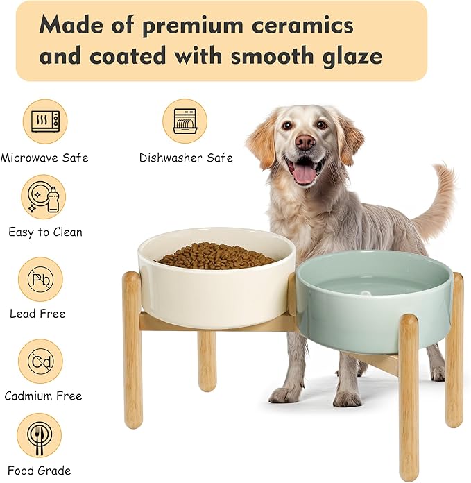 Wordcam Raised Ceramic Dog Bowls with Stand,Elevated Dog Dish, Pet Food and Water Feeder Set for Large Sized Dogs(9.4''High-60 Oz-7.6 Cups)-Mewly Pet
