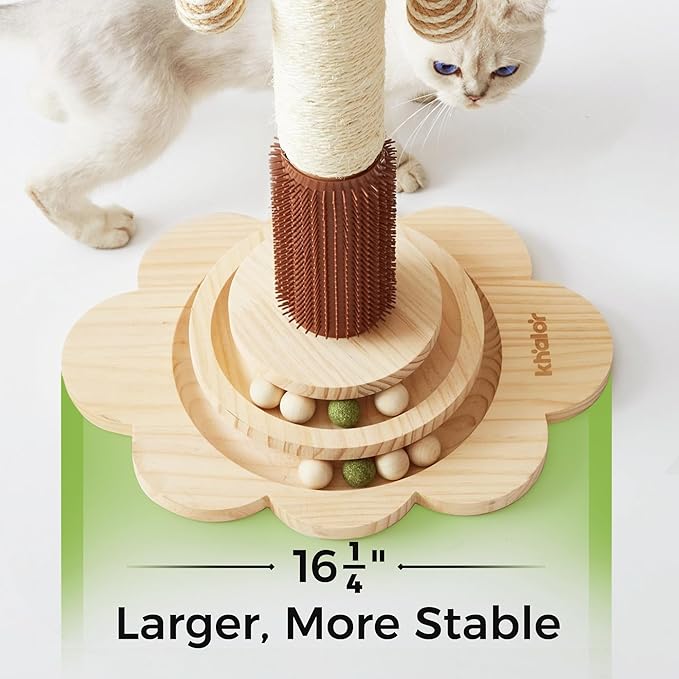 Cat Sisal Scratching Post, 4 in 1 Wooden Cat Scratcher Toy with Groomer, 24" Tall Scratch Post with 2-Layer Interactive Track Balls, Cat Climbing Tree with 2 Hanging Balls for Kittens-Mewly Pet
