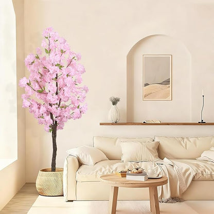 Artificial Pink Cherry Blossom Tree 5.5ft(67in) Tall Fake Silk Leaves Indoor Decor Handmade Lifelike Sakura Tree for Wedding Realistic Cherry Plant in Pot for Home Living Room,Office,Outdoor Decor