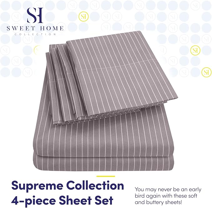 Twin Size Bed Sheets - 4 Piece 1500 Supreme Collection Fine Brushed Microfiber Deep Pocket Twin Sheet Set Bedding - 1 EXTRA PILLOW CASES, GREAT VALUE, Twin, Pinstripe Gray