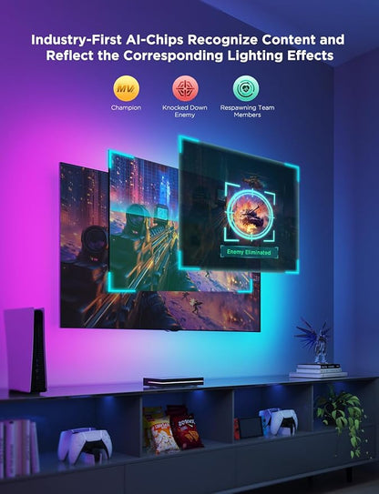 Govee HDMI 2.1 Sync Box 2, AI Sync Box with TV Backlight, Supports 8K@60Hz, 4K@144Hz, VRR and ALLM, Works with Matter and Alexa, RGBIC LED Light Strip for 75-85 inch TVs, 75 LEDs/m