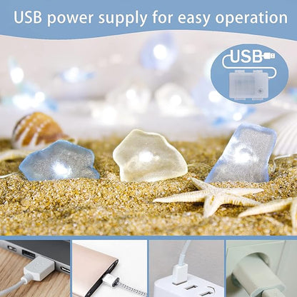 Impress Life Ocean Decor String Lights, Sea Glass Festive Beach Themed 10 ft 40 LEDs Battery&USB Cord Operated Decorative Lights with Remote Timer for Tent Wedding Nursery Bedroom Party Ornament