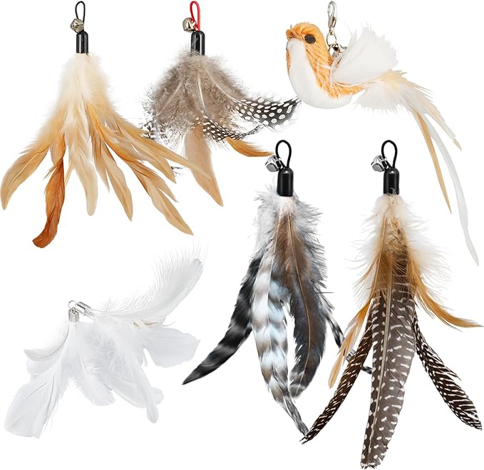 ROSAUI Cat Toy Refill Set – 6 Replacement Attachments for Teaser Wands, Includes 5 Feather Heads & 1 Lifelike Bird, Bell-Equipped, Interactive Accessories for Indoor Cats-Mewly Pet