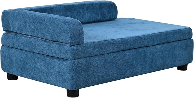 AFBKSS&BB Pet Sofa with Hidden Storage for Puppy and Cat,Linen Fabric Dog Sofa,Cat Couch with Wooden Frame (Blue)-Mewly Pet