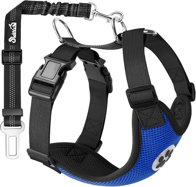 SlowTon Dog Seat Belt Harness for Car, Dog Car Harness Adjustable Mesh Breathable & Dog Seatbelt Safety Tether with Elastic Bungee for Small Medium Large Pets(Blue, Single Clip, XS)-Mewly Pet