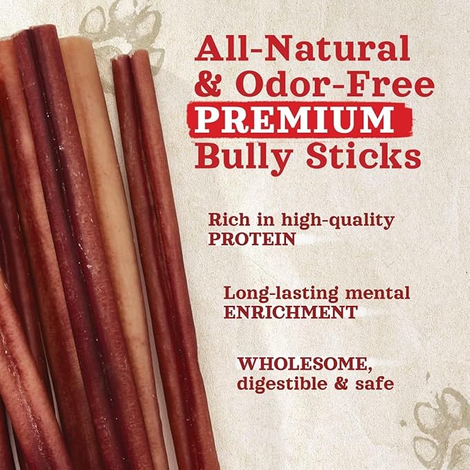 Natural Farm Odor-Free Thick Bully Sticks (12”, 10-Pack) All-Natural Long-Lasting Dog Chews, 100% Beef Pizzle, Grass-Fed, Grain-Free, Protein for Muscle Development & Energy, Perfect for Large Dogs-Mewly Pet