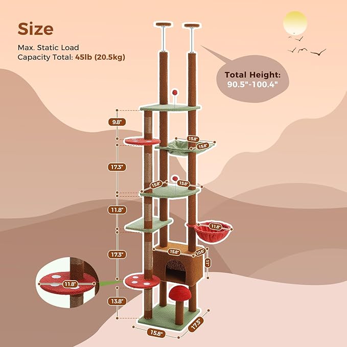 PEQULTI Mushroom Cat Tree Floor to Ceiling Cat Tower Adjustable Height (90.5''-100.4'' = 230cm-252cm) with Cat Condo, Cozy Hammock and Scratching Post, Tall Activity Tree for Indoor Cats, Brown-Mewly Pet