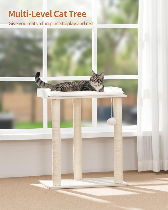 FourFurPets 26.7in Large Cat Tree Tower Condo, Cat Scratch Posts for Indoor Cats, Big Plate, Three 23.6in Full Sisal Scratching Posts, White-Mewly Pet