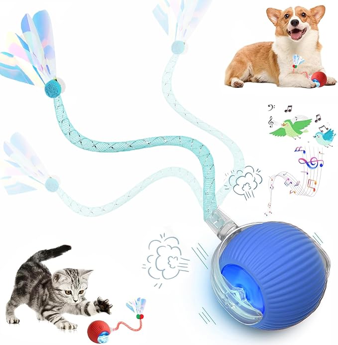 Speed 2.0 Tail Interactive Cat Toys for Indoor Cats, Chirping & Motion Activate Ca t Toy, Smart Kitten Rolling Ball Moving Ball Toys, Rechargeable Dog Cat Bal l for Enrichment Exercise (Blue)-Mewly Pet