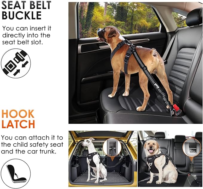 SlowTon Dog Seat Belt, Adjustable Dog Safety Belt Leash, 2 in 1 Latch Bar Attachment Dogs Car Seatbelt with Elastic Nylon Bungee Buffer, Reflective Nylon Belt Tether Connect to Dog Harness(B,35.5in)-Mewly Pet