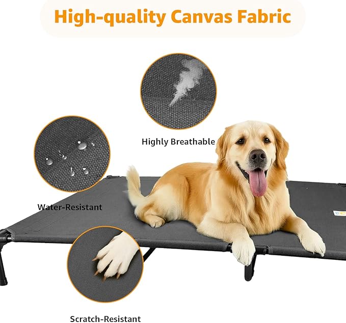 Canvas Elevated Dog Bed, Durable Chew Proof Outdoor Raised Pet Cot for Extra Large Dogs, Waterproof, Breathable, Portable, Washable, Easy Assembly, Sturdy Frame for Camping & Travel, Dark Grey-Mewly Pet