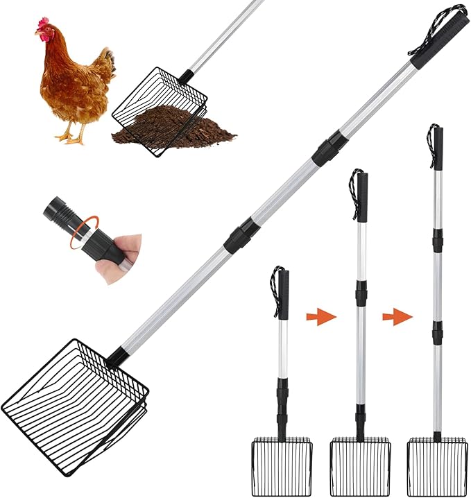 Esmorah Chicken Poop Scooper for Sand & Coop Cleaning - Sifting Shovel with 22"-40" Adjustable Handle, 3 Lengths Heavy Duty Stainless Steel Sifter-Mewly Pet