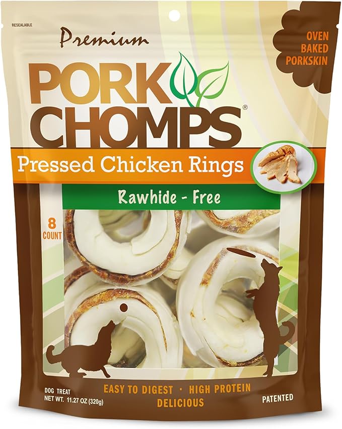Pork Chomps Pressed Pork Skin Dog Chews, 2.5-inch Rings, Real Chicken, 8 Count-Mewly Pet