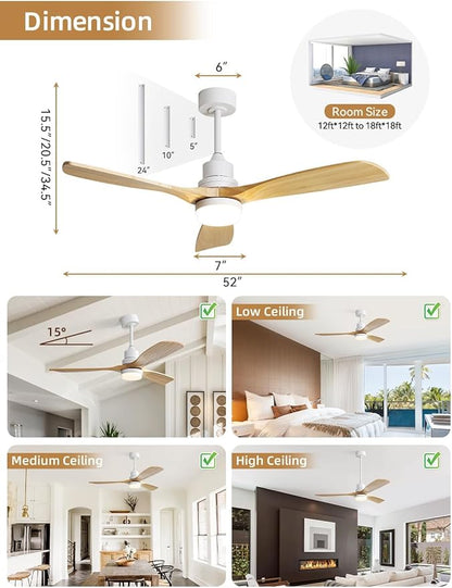 Sofucor 52 Inch Smart Ceiling Fans with Lights and Alexa/Google Assistant/APP/Remote Control-Modern Solid Wood Outdoor 3 Blades Ceiling Fan for Bedroom Living Room Indoor Farmhouse Patio, Natural Wood