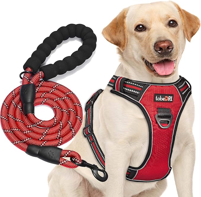 No Pull Dog Harness Adjustable Reflective Oxford Easy Control Medium Large Dog Harness with A Free Heavy Duty 5ft Dog Leash (M (Chest: 22"-26"), Red Harness+Leash)-Mewly Pet