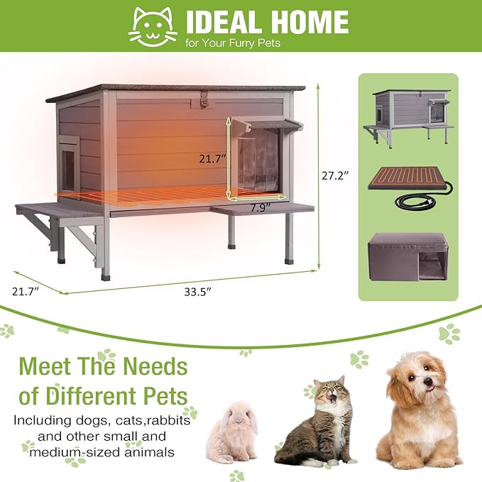 GUTINNEEN Heated Cat House Outdoor Cat House Insulated Weatherproof Feral Cat Shelter with Heated Pad and All-Round Thermal Liner for 1-3 Cats (Winter-Ready)-Mewly Pet