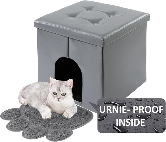 MEEXPAWS Cat Litter Box Enclosure Furniture Hidden, Cat Washroom Bench Storage Cabinet Small 19.7'' x 19.7'' x 19.7''| Dog Proof | Waterproof Inside | Easy Clean | Easy Assembly | Odor Control(Grey)-Mewly Pet