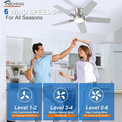 42 Inch Ceiling Fans with Lights and Remote, Brushed Nickel Flush Mount Low Profile Ceiling Fan for Bedroom, Living Room, Patio, Dimmable 6 Speeds Noiseless Reversible, ETL Listed