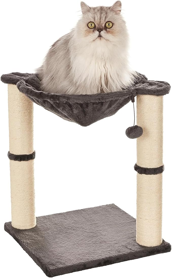 Amazon Basics Cat Condo Tower with Hammock Bed and Scratching Post,Easy to Assemble,Plush Hammock,Interactive Hanging Ball, Durable Sisal Scratch Posts for Indoor Cats, 15.8 x 15.8 x 19.7 Inches, Gray-Mewly Pet