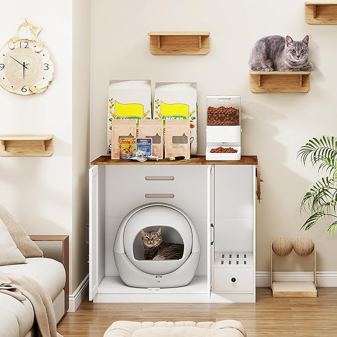YUSING Litter Robot Enclosure, Cat Litter Box Furniture Hidden, Cat Litter Box Enclosure Cabinet Large with Double Doors and Pull-Out Drawer for Litter Robot-Mewly Pet