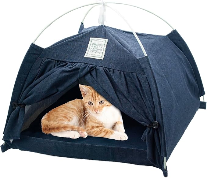 Cat Tent Bed,Cats Cave House Portable for Indoor with Removable Non-Slip Soft Pad Foldable Cat Tents Hut Washable Pet House Bed Outdoor for Kitty Puppy Small Pets 15.7x15.7x16.1 in (Navy Blue)-Mewly Pet